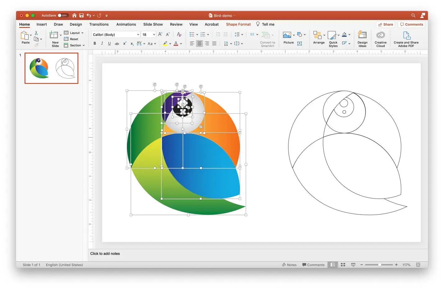 Notice how the Illustrator artboard vector elements are accurately replicated in PowerPoint with all vector elements being editable.