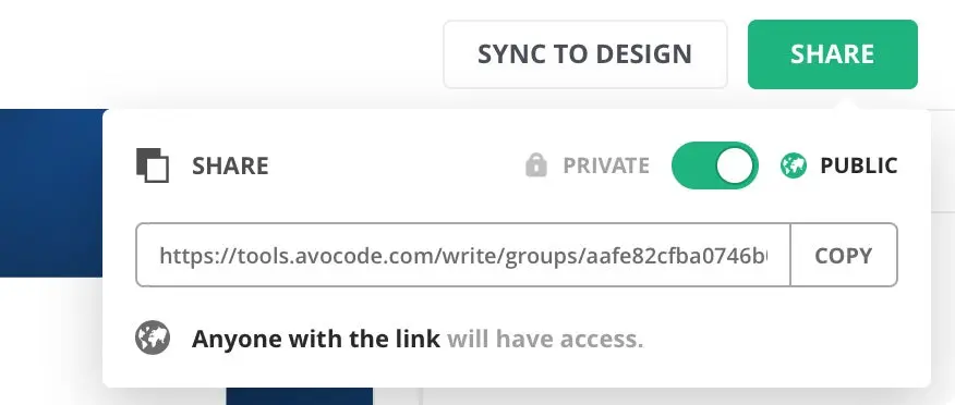 Generating a public, shareable link in the Avocode desktop app.