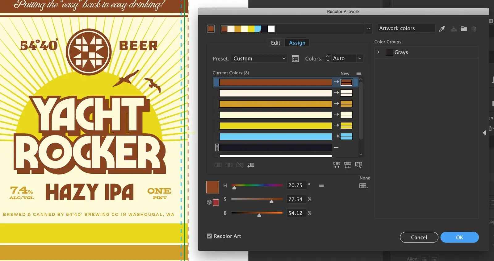 Beer advertisement with the colors used showing on Illustrator