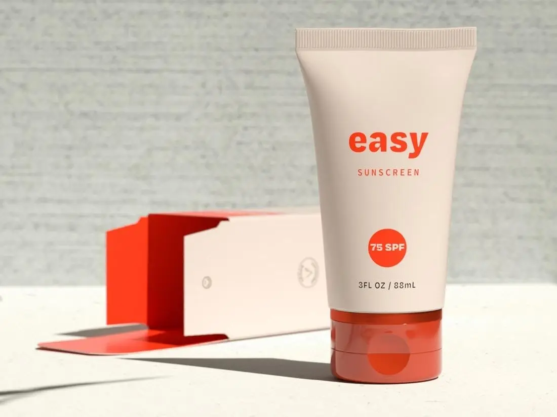 A 3D product mockup for easy, a fictional sunscreen brand.