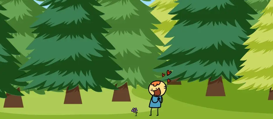 Cartoon of a child seeing a flower in the forest.