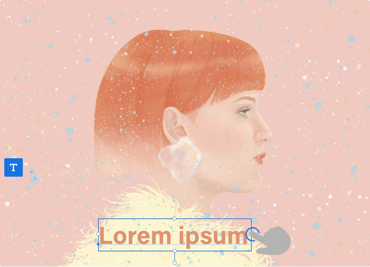 A faded-pink background frames the profile of a red-haired, red-lipped woman wearing a pale-yellow, feathered boa.