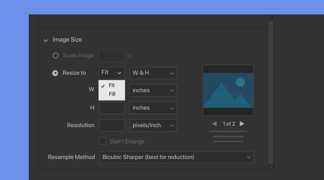 Adobe Bridge Export panel image dimension settings.