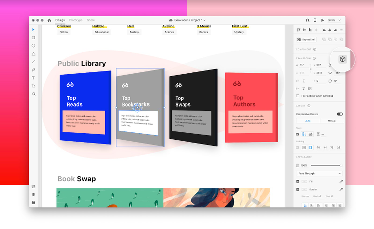 Shapes in a navigation component for a public library website use 3D Transforms in Adobe XD to create depth.