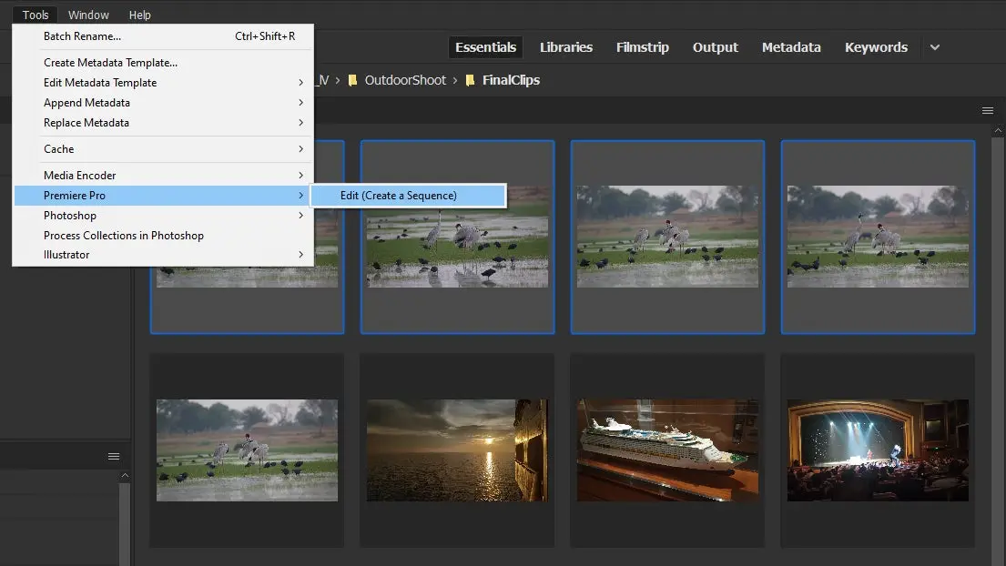 Multiple video files are selected in Adobe Bridge and stitched together with Media Encoder using the right-click menu.