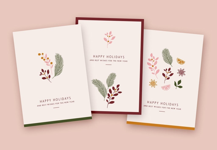 Three happy holiday cards with plants on them.