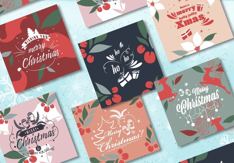 A variety of square-shaped Christmas cards.