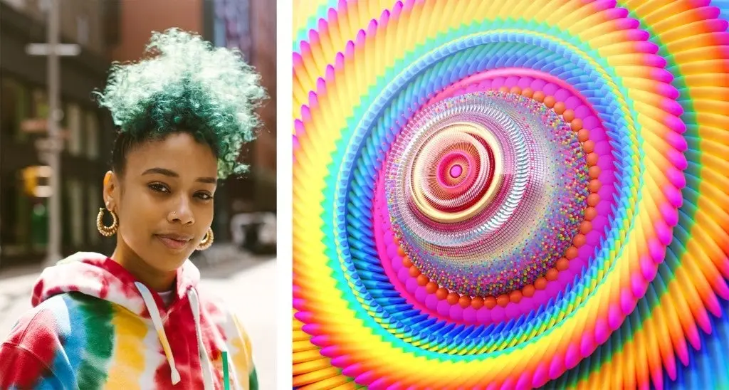 Left image is a woman with colorful hair. Right image is a rainbow colored swirl of colors. 