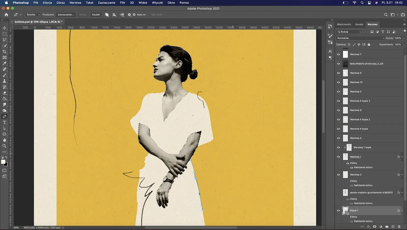 Using the pen tool to outline a subject's dress for a collage in Adobe Photoshop.