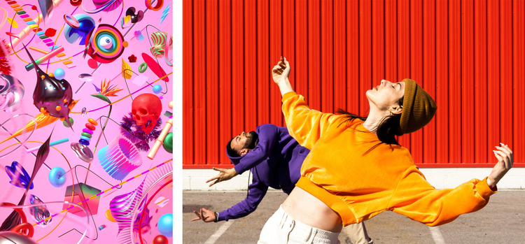 Left image is pink background with an assortment of object on it. Right image is two people with their faces towards the sun with a red backgroung. 