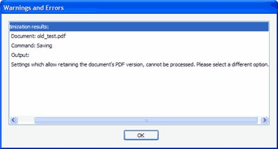 Warning Message from PDF Optimizer