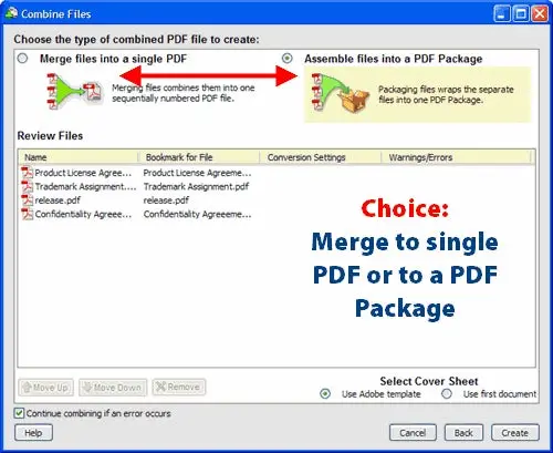 Merge to Single PDF or to PDF Package Window