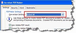 Choosing Embed All from the PDF Maker