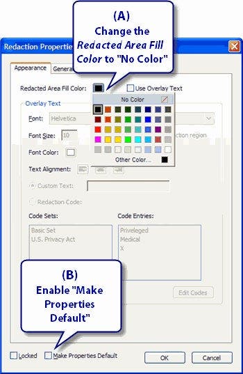 Redaction Properties window