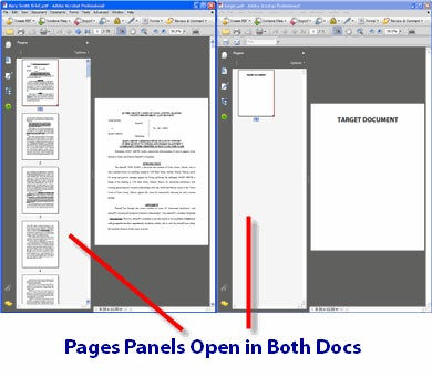 The Pages Panel is open in both documents