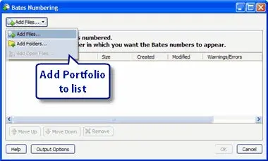 Bates Numbering Add file window