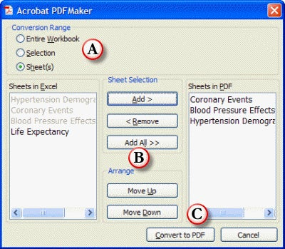 Excel conversion window in Acrobat