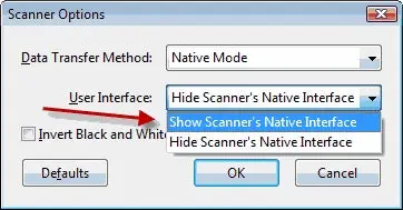 Showing the native TWAIN inteface in Acrobat
