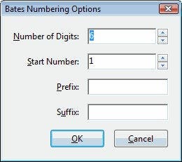 Bates Numbering Options window