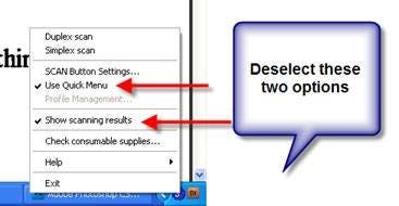 Turning off options in the ScanSnap menu