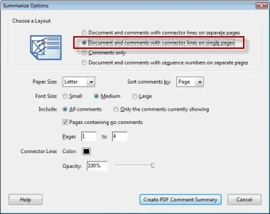 Options in the Summary Options window in Acrobat 9