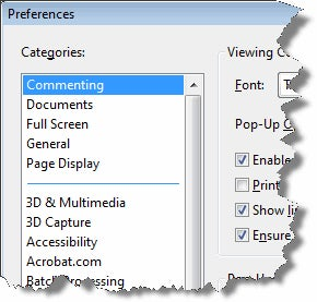 Choosing the Comments cateogry preference in in Acrobat 9