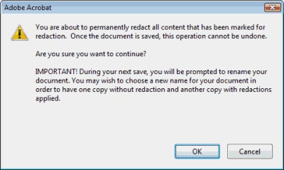 Redaction warning dialog in Acrobat 9