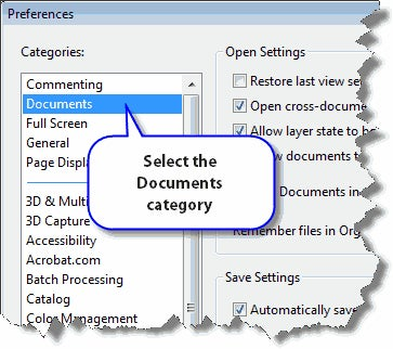 Selecting the Documents category preference in Acrobat 9