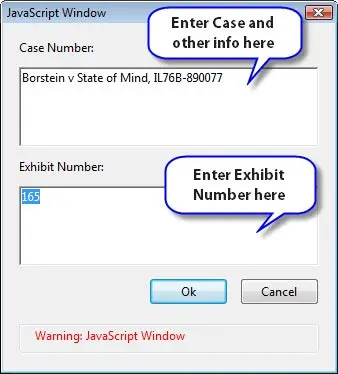 Fill in this window with case and exhibit number info