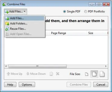 Combine files window