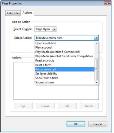 Choosing Run a JavaScript as the Page Property action