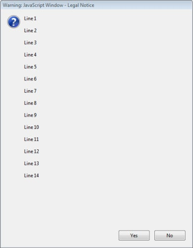 A JavaScript message window with 14 lines of text.