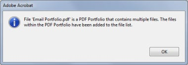 Acrobat warning message which indicates that all files in the Portfolio will be added to the list.