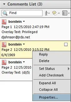 Picture of the Comments List in Acrobat X