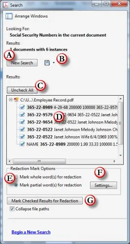 Picture of the Pattern Redaction Search Window