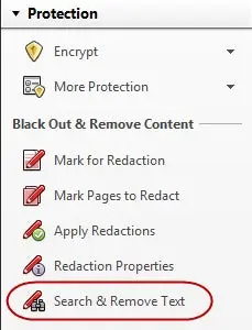 Selecting Search and Remove text in the Redaction Properties panel