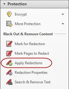Picture of Protection panel for Applying Redactions in Acrobat X