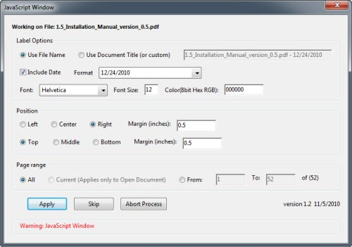 Acrobat X File Name Stamper Options