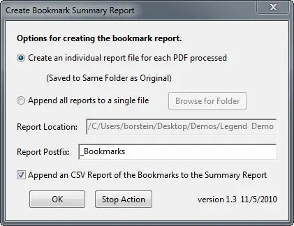 Create Bookmark Report Action Window
