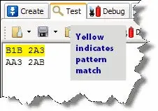 RegexBuddy testing screen. Yellow indicates a pattern match