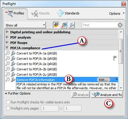 Seting the options in the Preflight panel to remove PDF/A information