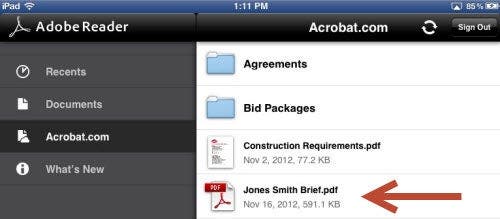 Opening a file from acrobat.com using Adobe Reader mobile