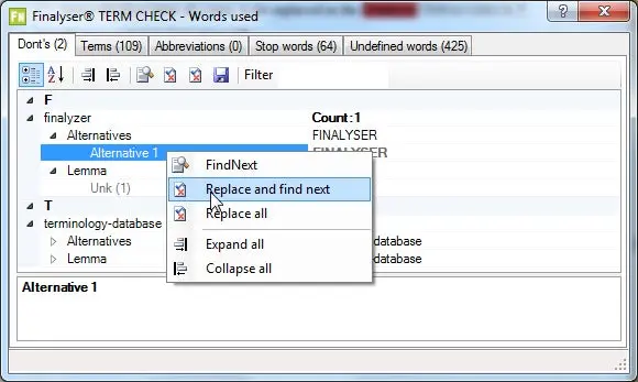 SQUIDDS TERM CHECK for Adobe FrameMaker – Words Used dialog – Find and Change Next terms