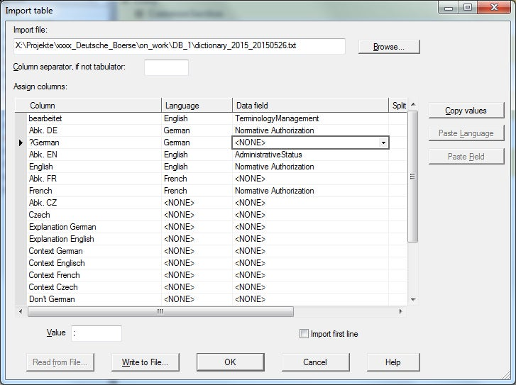 SQUIDDS TERM CHECK for Adobe FrameMaker – Excel Table Import dialog