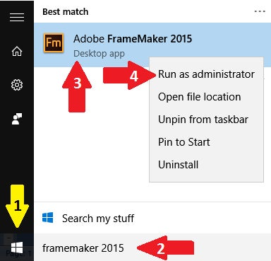 Run FrameMaker (2015 release) as an administrator in Windows 10