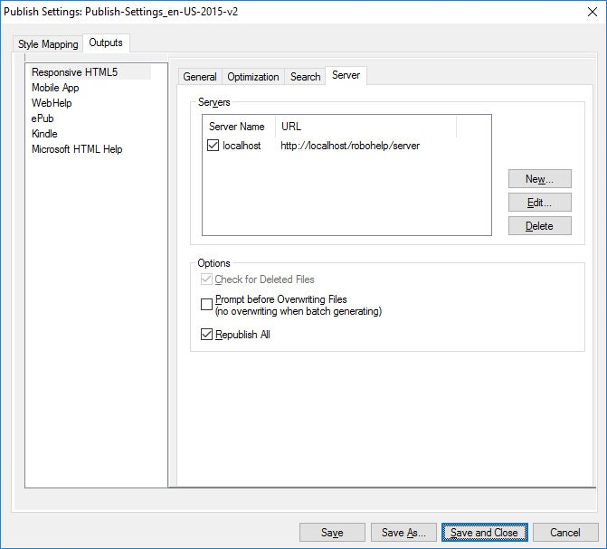 Dialog “Publish Settings” showing the RoboHelp Server tab of Adobe FrameMaker (2015 release), Update 3 Responsive HTML5 Publishing Engine.