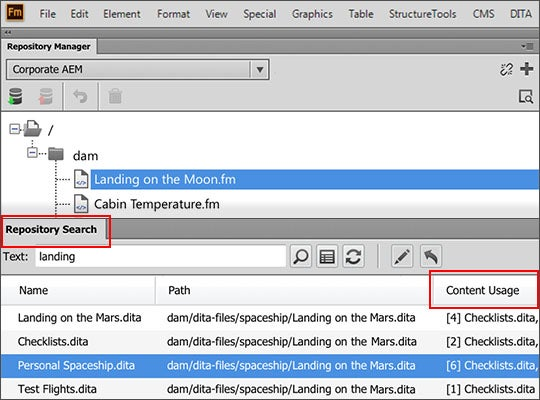 FrameMaker (2015 release), Update 4, offers integrated search for DITA content in the XML Documentation Add-on for Adobe Experience Manager