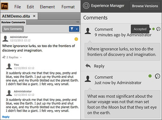 FrameMaker (2015 release), Update 4, has a new review pod to track and manage review comments.