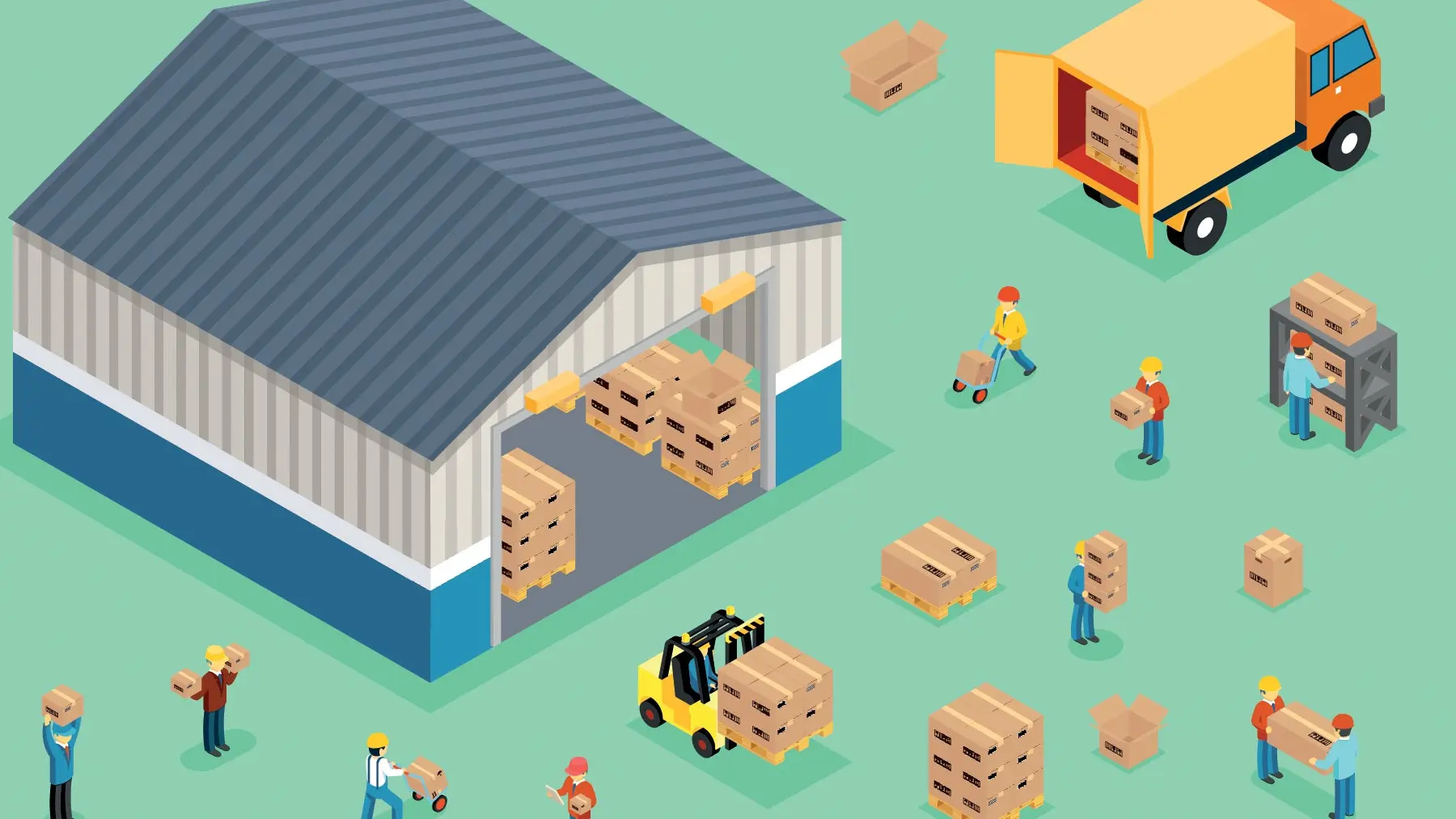 Illustration of people loading boxes into a warehouse.