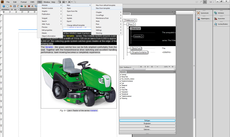 The screenshot shows the integration of FCT TIM ONE in Adobe FrameMaker (2015 release). Visible is the menu “TIM” with several submenus. Highlighted is the menu “Module”, submenu “New”, submenu “New from template”.